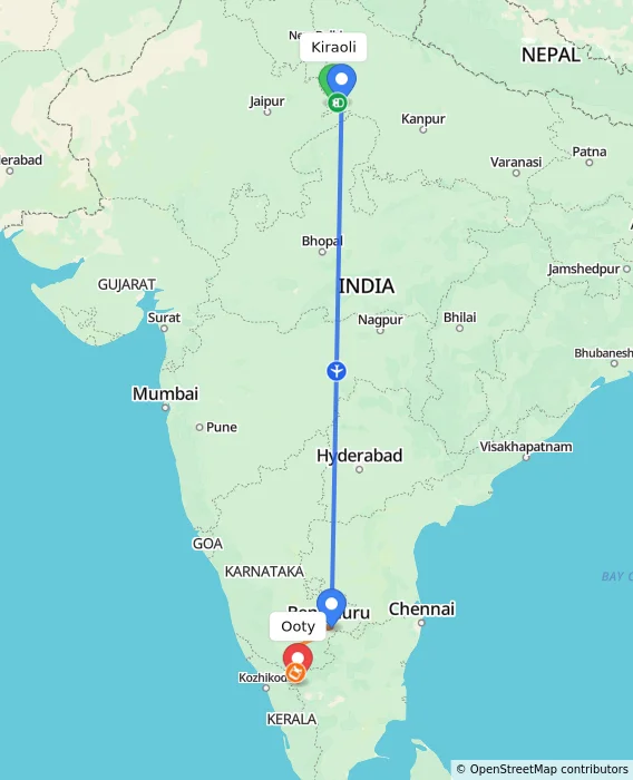 Route map showing distance and travel time from Kiraoli, India to Ooty, India