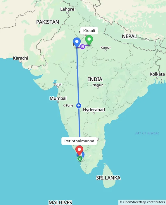 Route map showing distance and travel time from Kiraoli, India to Perinthalmanna, India