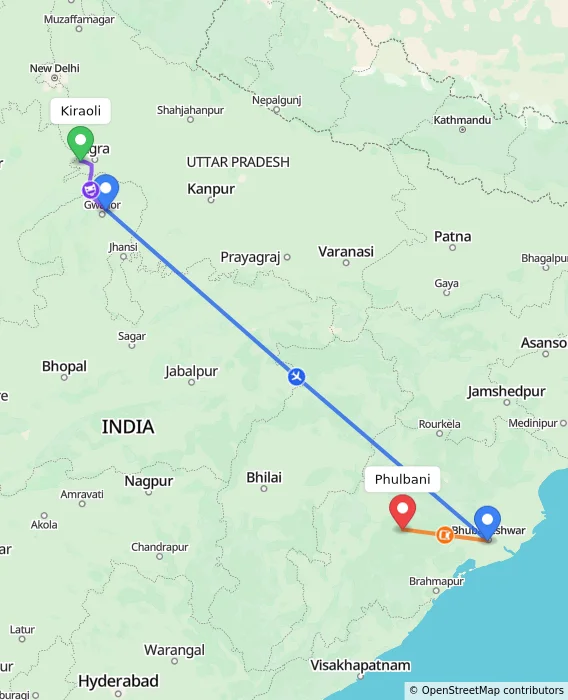 Route map showing distance and travel time from Kiraoli, India to Phulbani, India