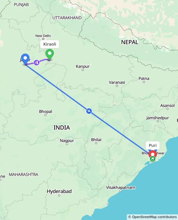 Route map showing distance and travel time from Kiraoli, India to Puri, India