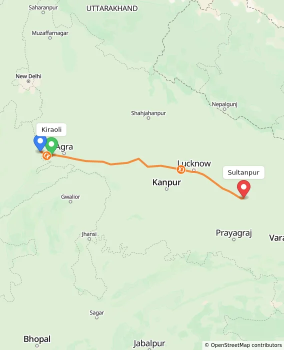 Route map showing distance and travel time from Kiraoli, India to Sultanpur, India