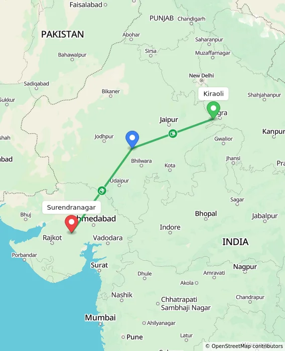 Route map showing distance and travel time from Kiraoli, India to Surendranagar, India