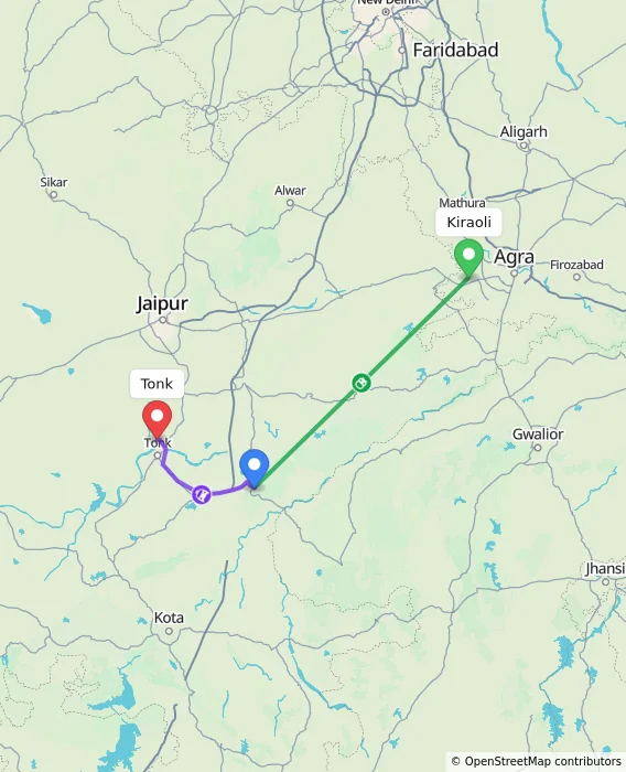 Route map showing distance and travel time from Kiraoli, India to Tonk, India