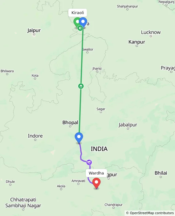 Route map showing distance and travel time from Kiraoli, India to Wardha, India