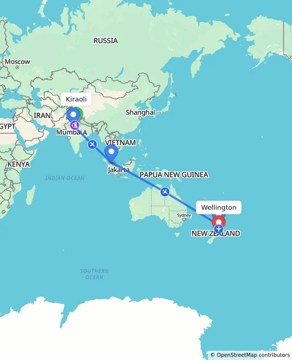 Route map showing distance and travel time from Kiraoli, India to Wellington, New Zealand