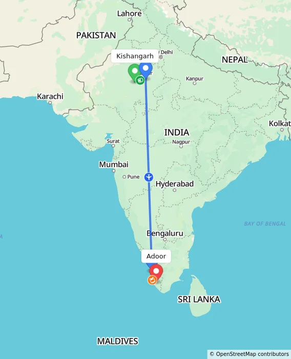 Route map showing distance and travel time from Kishangarh, India to Adoor, India