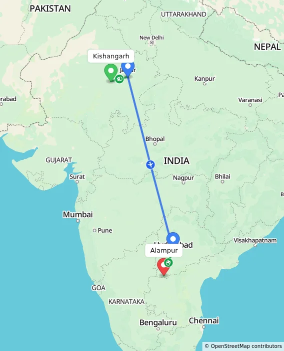 Route map showing distance and travel time from Kishangarh, India to Alampur, India