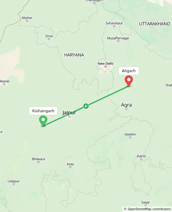 Route map showing distance and travel time from Kishangarh, India to Aligarh, India