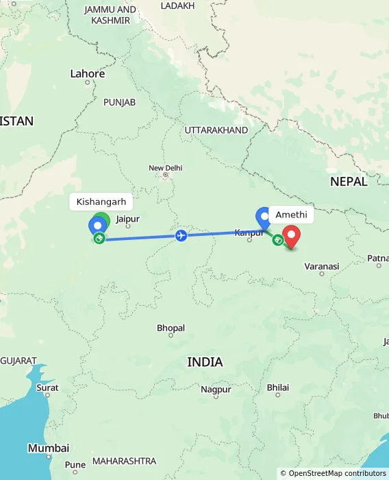 Route map showing distance and travel time from Kishangarh, India to Amethi, India
