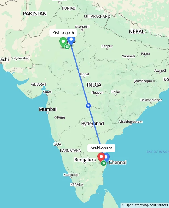 Route map showing distance and travel time from Kishangarh, India to Arakkonam, India