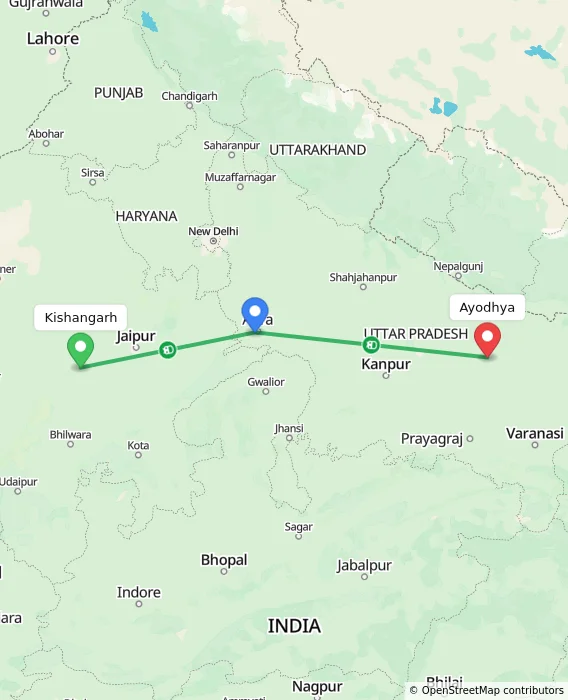 Route map showing distance and travel time from Kishangarh, India to Ayodhya, India