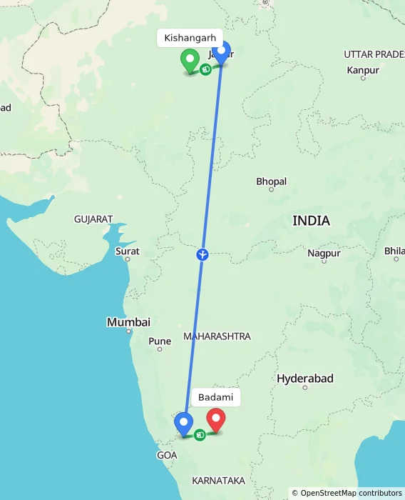 Route map showing distance and travel time from Kishangarh, India to Badami, India