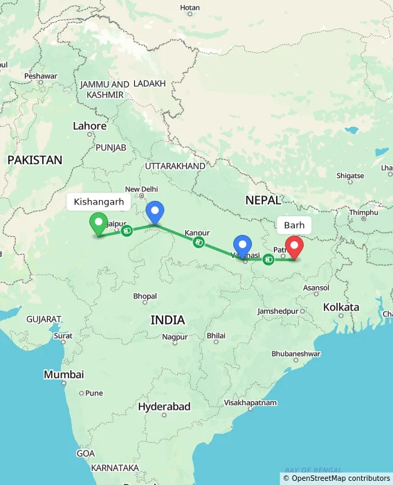 Route map showing distance and travel time from Kishangarh, India to Barh, India