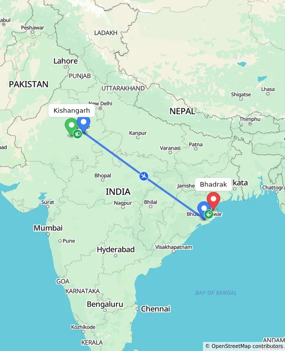 Route map showing distance and travel time from Kishangarh, India to Bhadrak, India