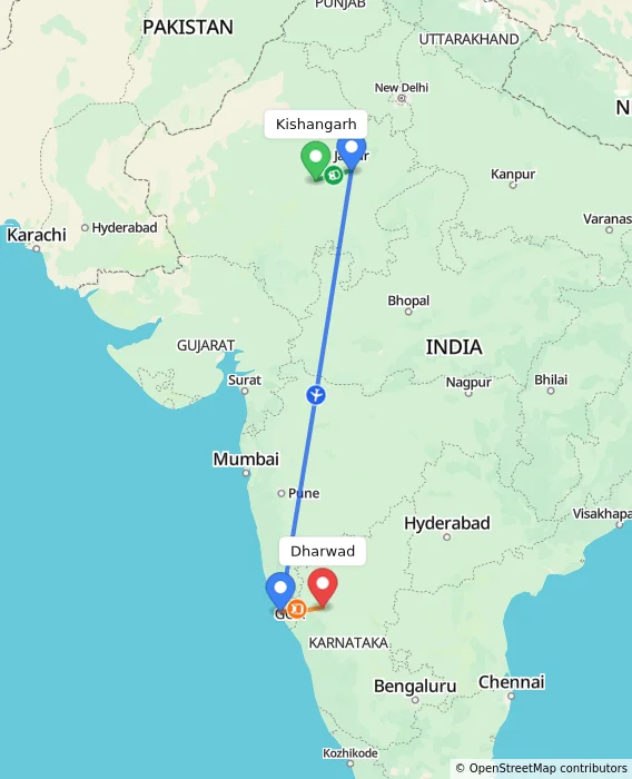 Route map showing distance and travel time from Kishangarh, India to Dharwad, India
