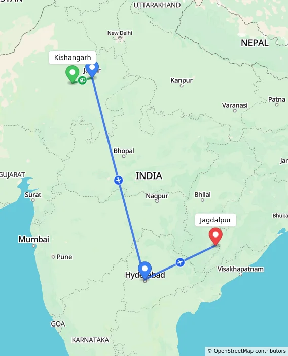 Route map showing distance and travel time from Kishangarh, India to Jagdalpur, India