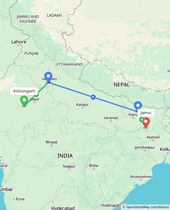 Route map showing distance and travel time from Kishangarh, India to Jamui, India
