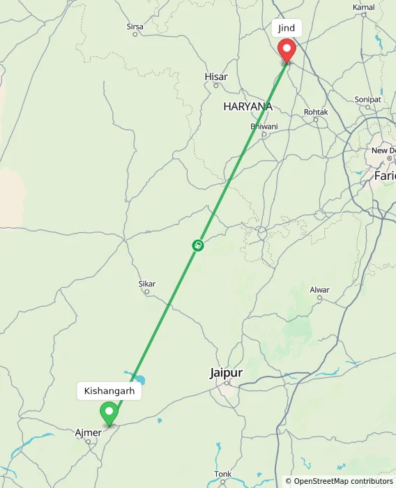 Route map showing distance and travel time from Kishangarh, India to Jind, India