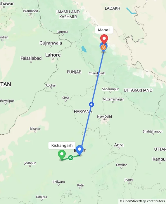 Route map showing distance and travel time from Kishangarh, India to Manali, India