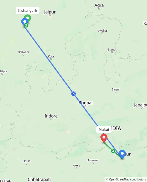 Route map showing distance and travel time from Kishangarh, India to Multai, India