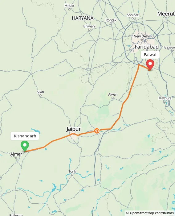 Route map showing distance and travel time from Kishangarh, India to Palwal, India