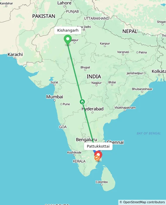 Route map showing distance and travel time from Kishangarh, India to Pattukkottai, India