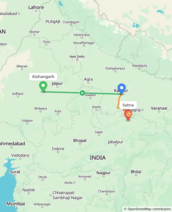Route map showing distance and travel time from Kishangarh, India to Satna, India