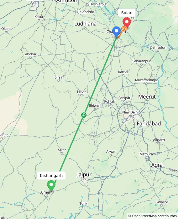 Route map showing distance and travel time from Kishangarh, India to Solan, India