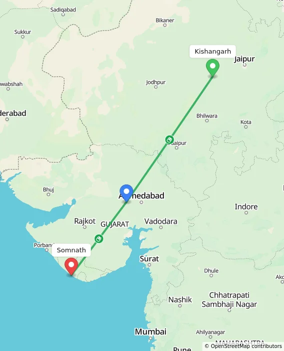 Route map showing distance and travel time from Kishangarh, India to Somnath, India
