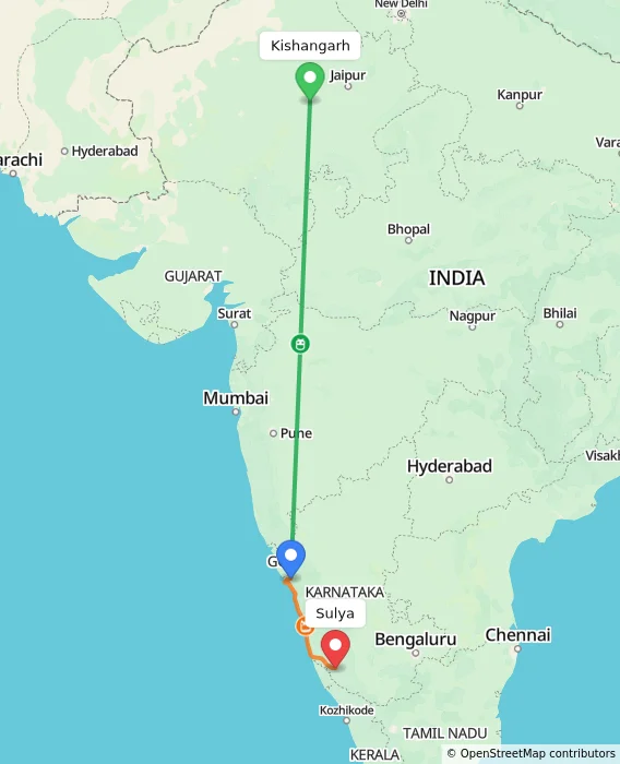 Route map showing distance and travel time from Kishangarh, India to Sulya, India