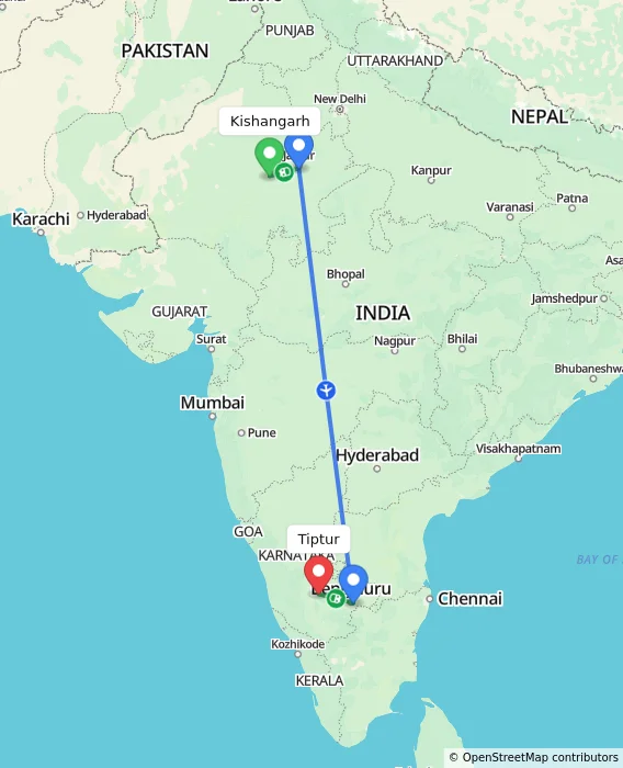 Route map showing distance and travel time from Kishangarh, India to Tiptur, India