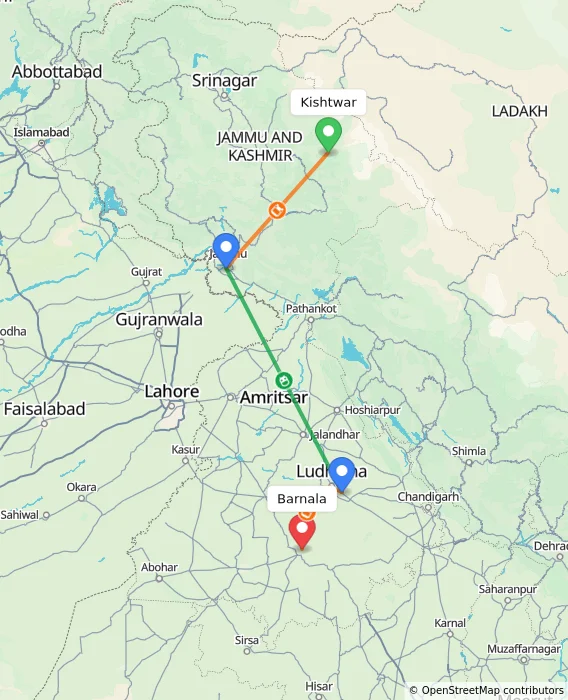 Route map showing distance and travel time from Kishtwar, India to Barnala, India