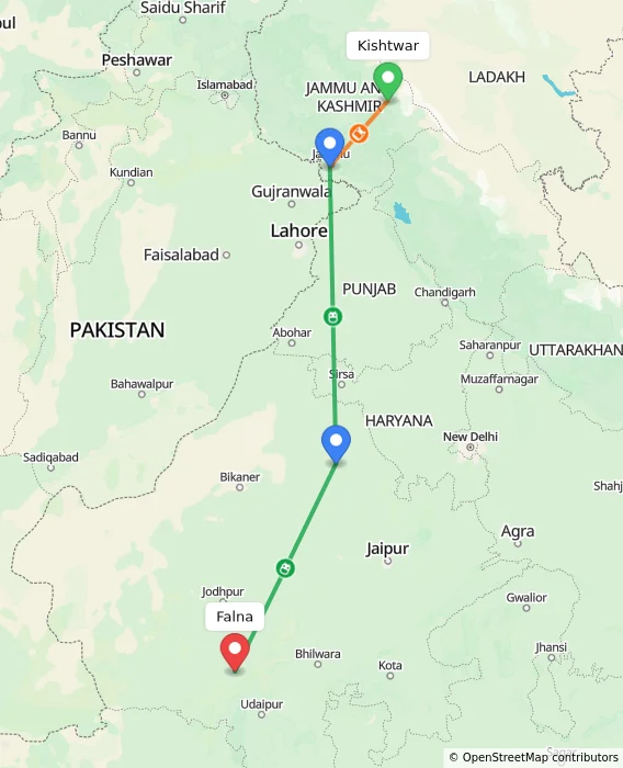 Route map showing distance and travel time from Kishtwar, India to Falna, India