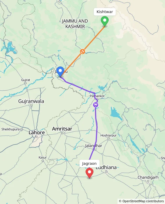Route map showing distance and travel time from Kishtwar, India to Jagraon, India