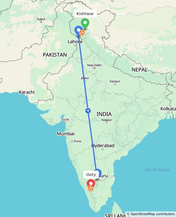 Route map showing distance and travel time from Kishtwar, India to Ooty, India