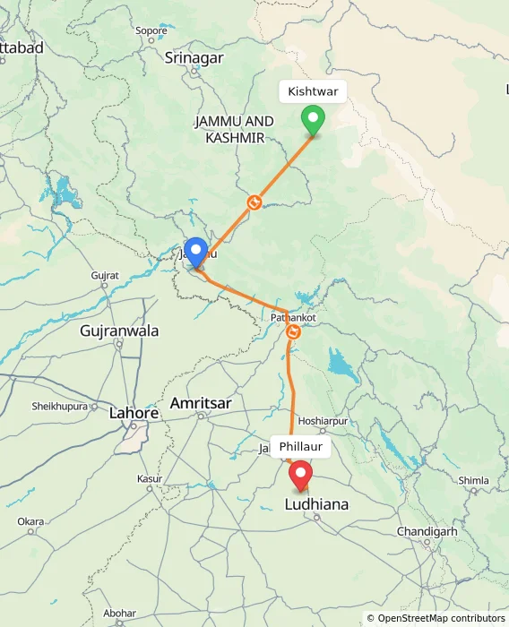 Route map showing distance and travel time from Kishtwar, India to Phillaur, India