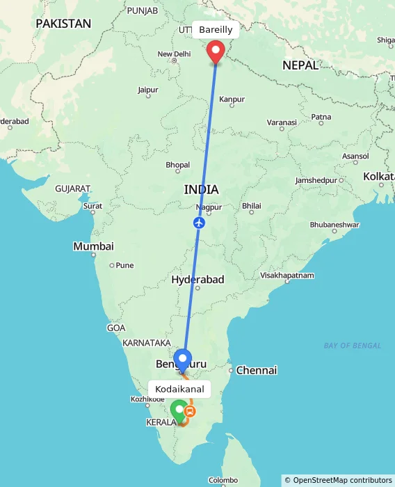 Route map showing distance and travel time from Kodaikanal, India to Bareilly, India