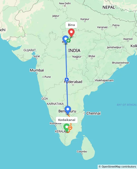 Route map showing distance and travel time from Kodaikanal, India to Bina, India