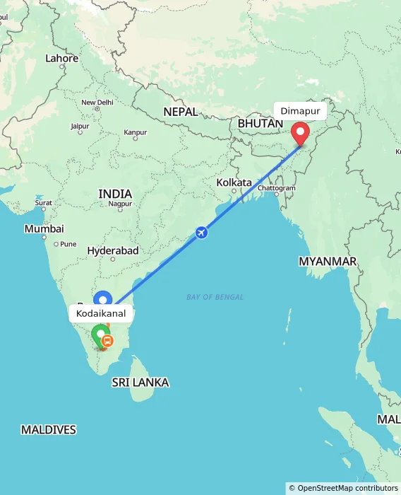 Route map showing distance and travel time from Kodaikanal, India to Dimapur, India