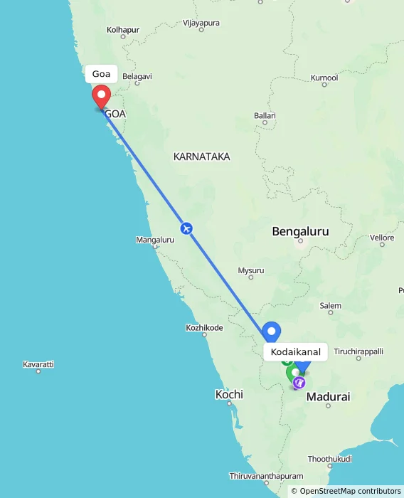 Route map showing distance and travel time from Kodaikanal, India to Goa, India