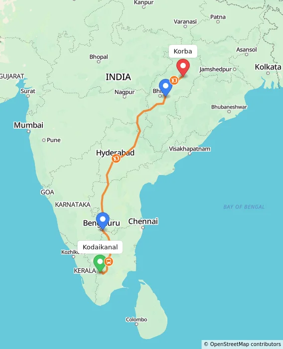 Route map showing distance and travel time from Kodaikanal, India to Korba, India
