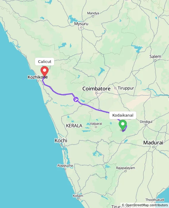 Route map showing distance and travel time from Kodaikanal, India to Kozhikode, India