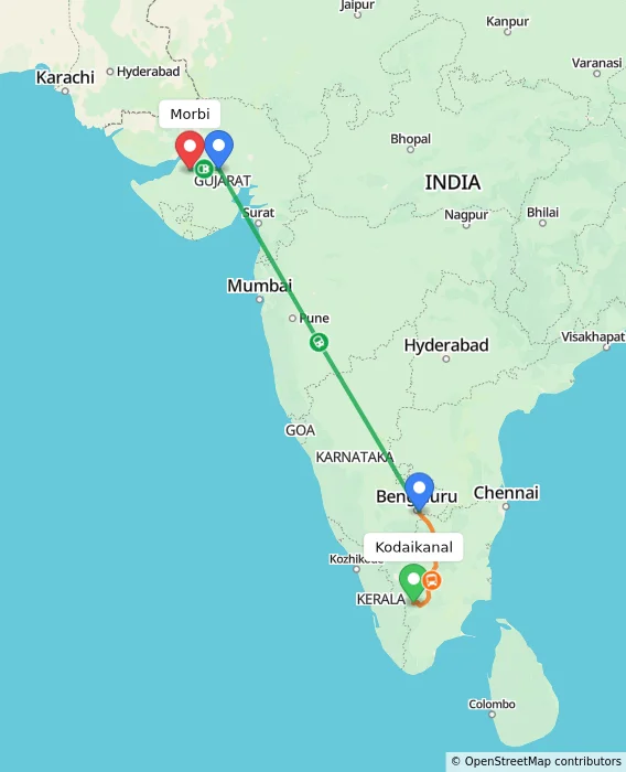 Route map showing distance and travel time from Kodaikanal, India to Morbi, India