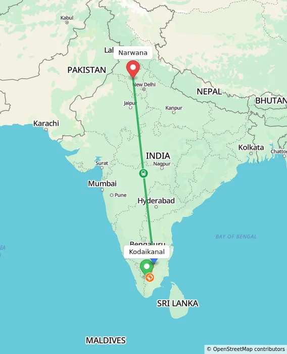 Route map showing distance and travel time from Kodaikanal, India to Narwana, India