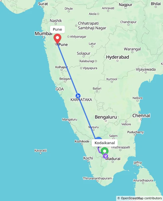 Route map showing distance and travel time from Kodaikanal, India to Pune, India