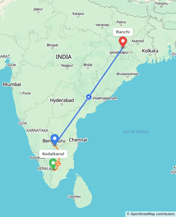 Route map showing distance and travel time from Kodaikanal, India to Ranchi, India
