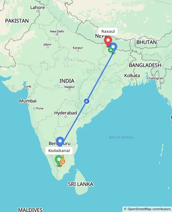 Route map showing distance and travel time from Kodaikanal, India to Raxaul, India