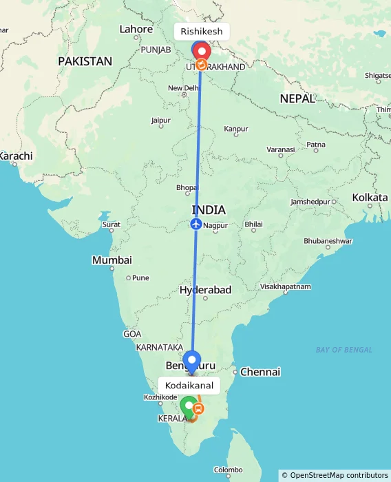 Route map showing distance and travel time from Kodaikanal, India to Rishikesh, India