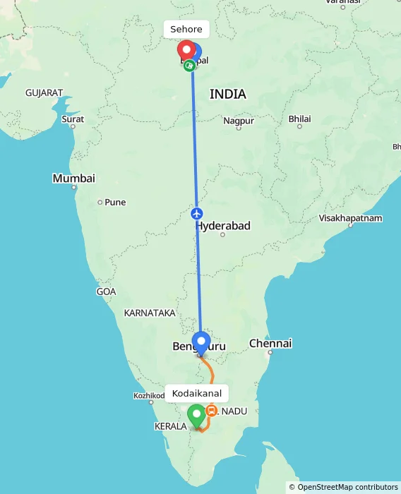 Route map showing distance and travel time from Kodaikanal, India to Sehore, India