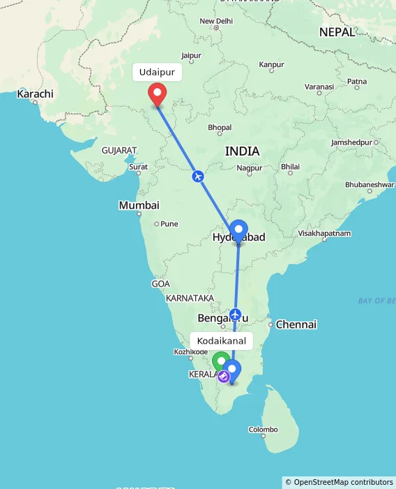 Route map showing distance and travel time from Kodaikanal, India to Udaipur, India